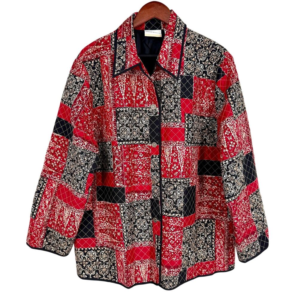 Alfred Dunner Sz 18W Red Black Quilted Artsy Jacket Coat Shirt Top Christmas